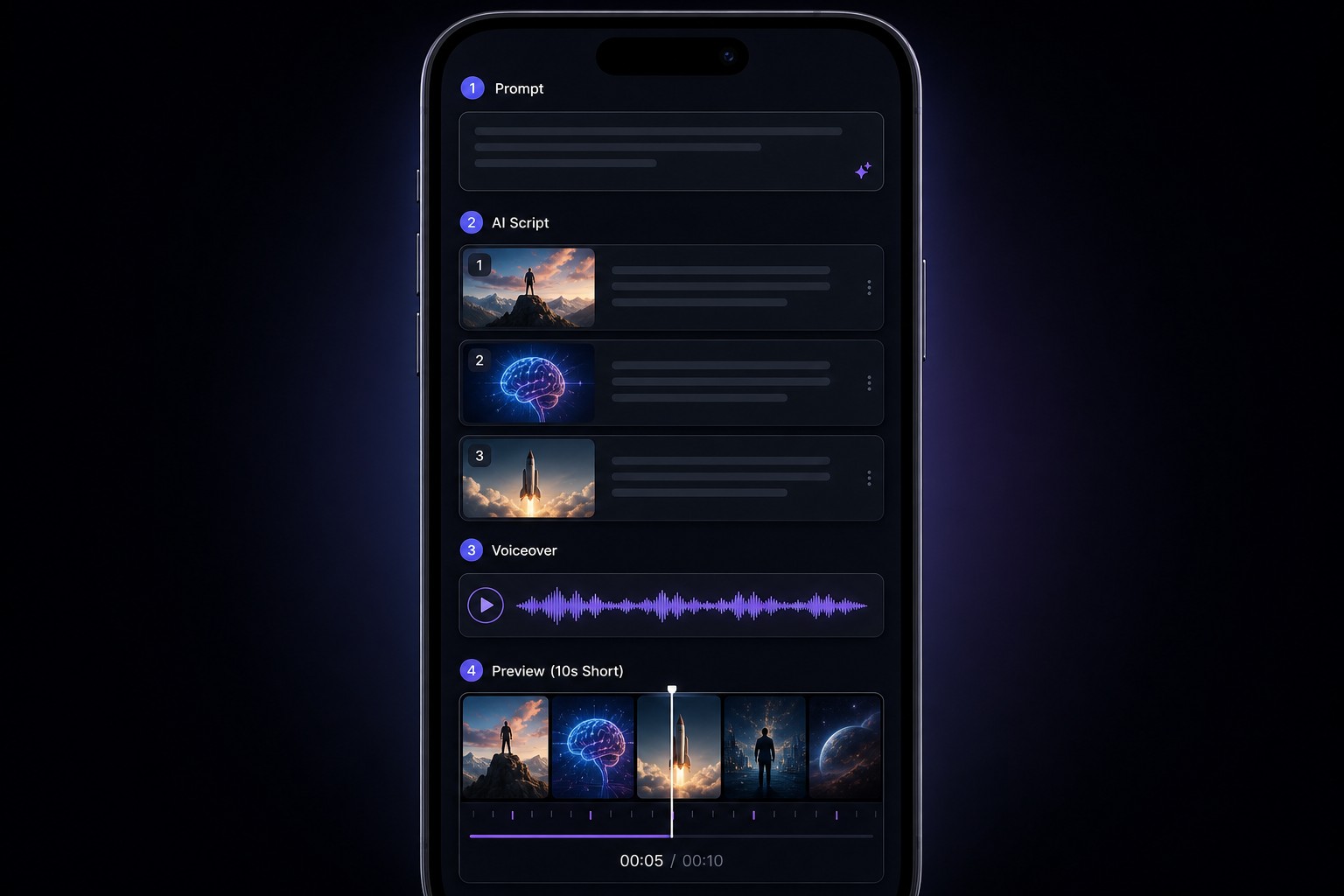 Vertical workflow preview for generating a 9:16 short from a text prompt