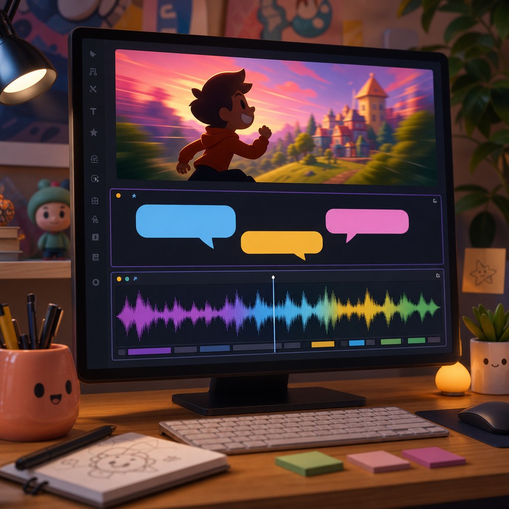 Previewing cartoon visuals with caption timing cues in a multi-frame workflow
